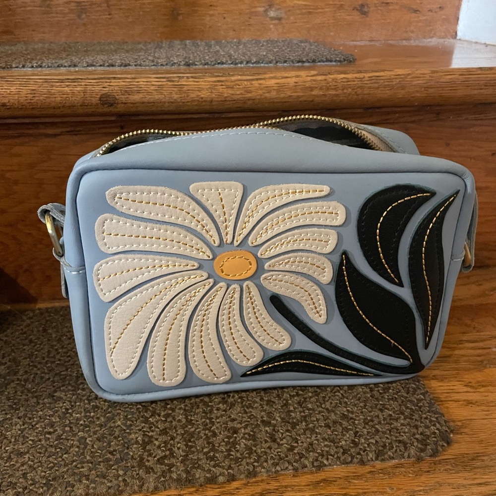 Portland Leather Floral Embroidered Blue Crossbody Bag